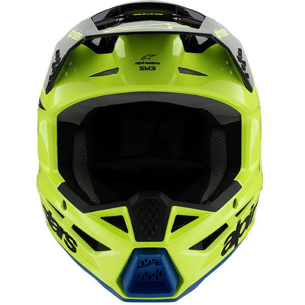 Yellow/Black/Blue product view, lightweight off‑road motorcycle helmet with ventilation and impact protection