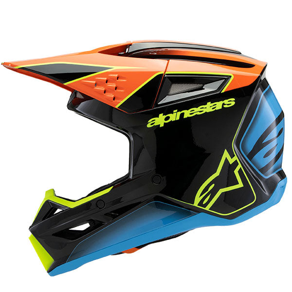 Black/Orange/Yellow product view, lightweight off‑road motorcycle helmet with ventilation and impact protection