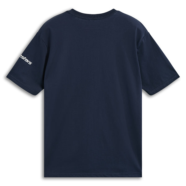 Professional studio photo of Alpinestars Frontal CSF Tee; showing tee fit, printed graphics, and crew neckline; SKU 482-76405S; Colors: Navy, Black, Red