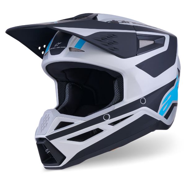 Silver/Blue/Black Matte product view, lightweight off‑road motorcycle helmet with ventilation and impact protection