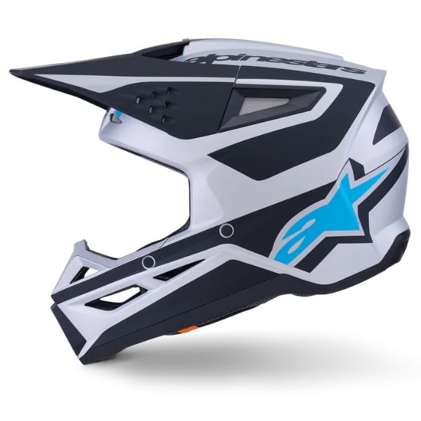 Silver/Blue/Black Matte product view, lightweight off‑road motorcycle helmet with ventilation and impact protection