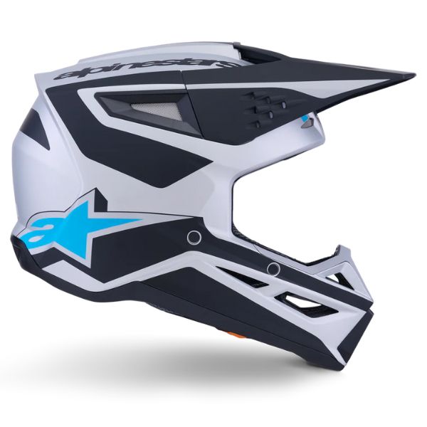 Silver/Blue/Black Matte product view, lightweight off‑road motorcycle helmet with ventilation and impact protection