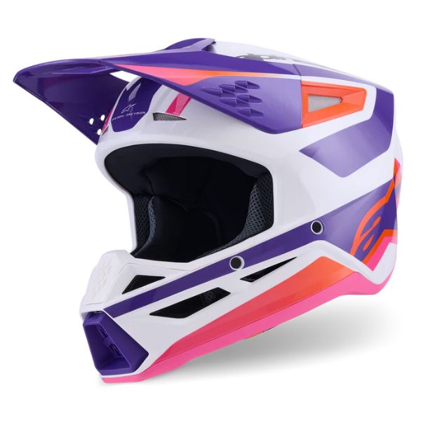 White/Purple/Pink product view, lightweight off‑road motorcycle helmet with ventilation and impact protection