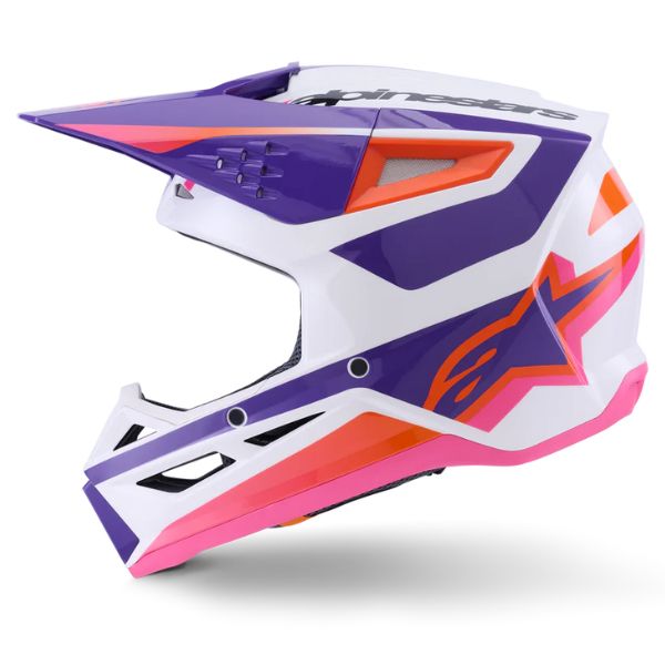 White/Purple/Pink product view, lightweight off‑road motorcycle helmet with ventilation and impact protection