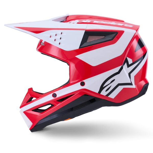 Red/White/Black Glossy product view, lightweight off‑road motorcycle helmet with ventilation and impact protection
