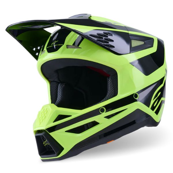 Yellow Fluo/Black Glossy product view, lightweight off‑road motorcycle helmet with ventilation and impact protection