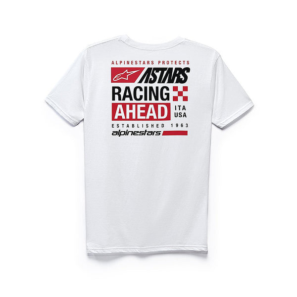 Studio photo on a white background of Alpinestars Placard T-Shirt; showing tee fit, printed graphics, and crew neckline; SKU 3030208; Sizes: M-2XL