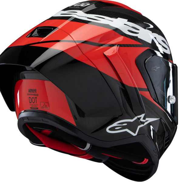 Carbon/Red/White product view, lightweight off‑road motorcycle helmet with ventilation and impact protection