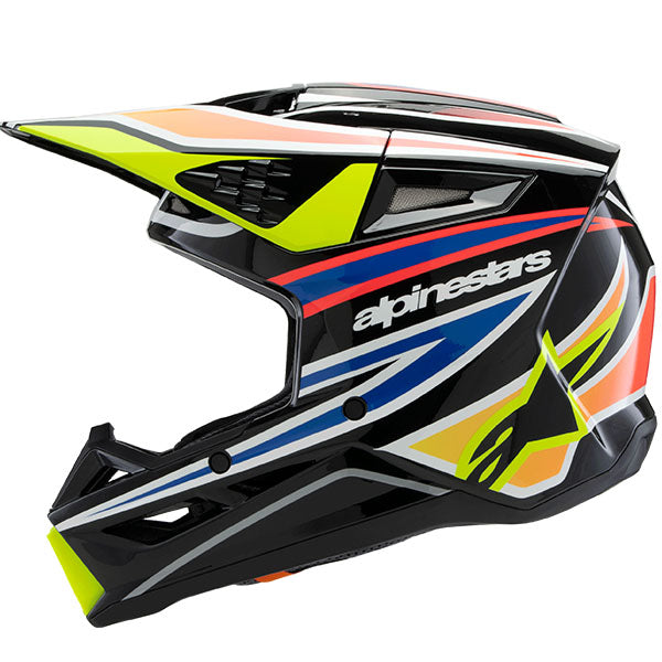 Black/Yellow/Blue/Red product view, lightweight off‑road motorcycle helmet with ventilation and impact protection
