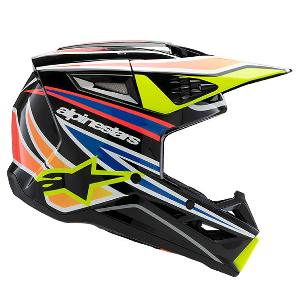 Blue/Red/White/Black product view, lightweight off‑road motorcycle helmet with ventilation and impact protection