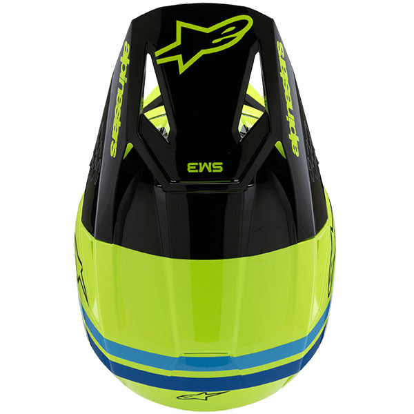 Yellow/Black/Blue product view, lightweight off‑road motorcycle helmet with ventilation and impact protection