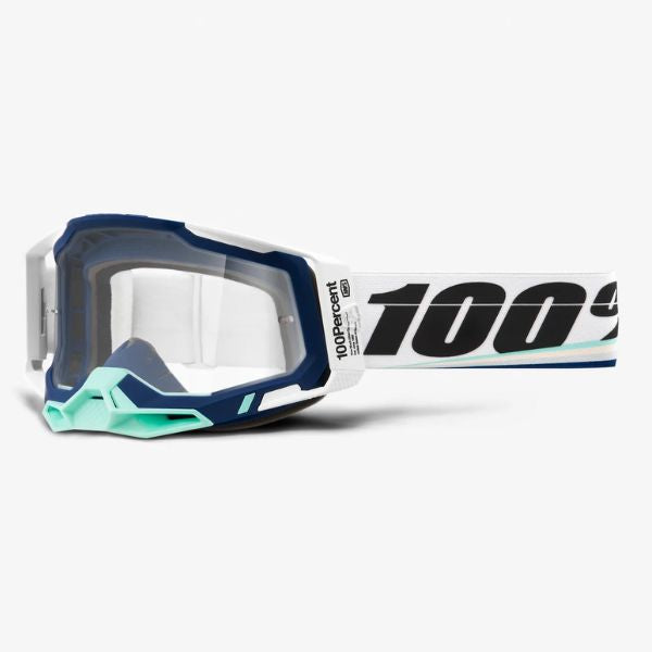 High-resolution studio image of 100%, Racecraft 2.0 Goggle (Clear Lens), Goggles, SKU 26013208, color options Concordia, Battleship, Snowbird, Topo, Kalkuta, Neon Yellow, Fluo Yellow, Panam and more