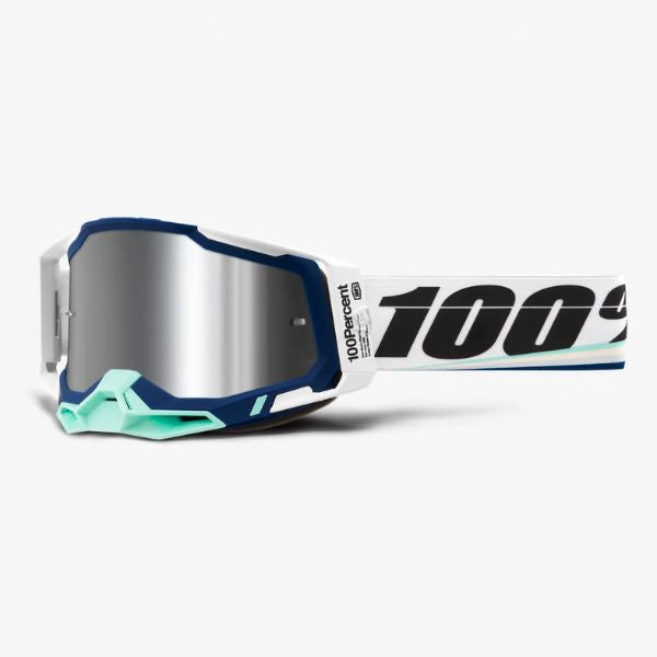 Studio image highlighting 100%, Racecraft 2.0 Goggle (Mirror Lens), Goggles, SKU 26013216, color options Arbis, Mirror Silver Lens, Mayfair, Mirror Silver Lens, Maho, Silver Flash Lens, Concordia, Mirror Blue Lens, Airblast, Mirror Silver Lens, Blue, Mirror Blue Lens, Fremont, Mirror Blue Lens, Red, Mirror Red Lens and more