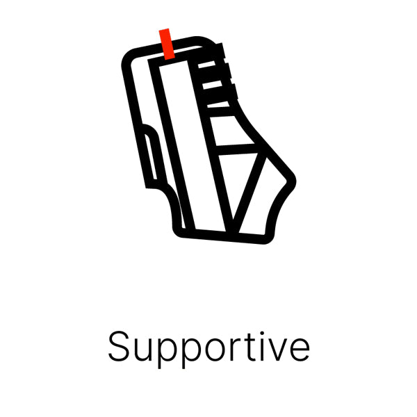 A sleek, minimalist line drawing of a single dirt bike ankle brace. The illustration highlights a flexible, protective support panel. The text