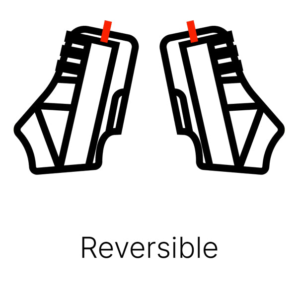 A simple line drawing showing two identical, minimalist outlines of an ankle brace. Each brace has a small red vertical line at the top. Below the braces, the word