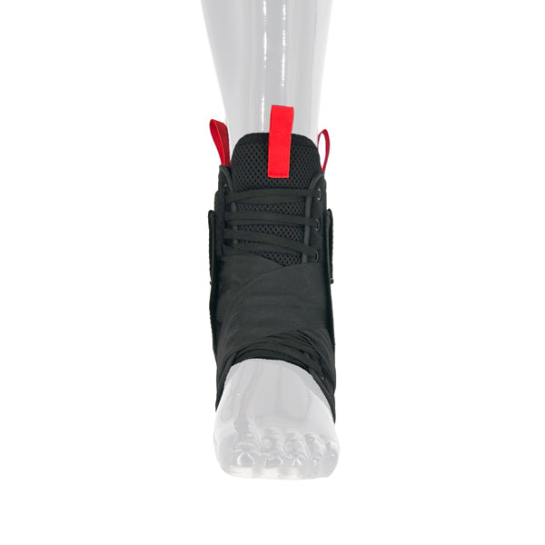 A direct front view of the black Atlas Ankle Brace (SKU: A206001010) on a mannequin foot. The image focuses on the central lacing system and the front panel of the brace, providing a clear view of its overall shape and design.