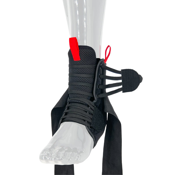 A three-quarter view of the black Atlas Ankle Brace (SKU: A206001010) on a mannequin foot with the straps and laces unfastened. The image shows the brace opened up to demonstrate the Quick-Lace system and adjustable strap design. The interior mesh and various components are visible.