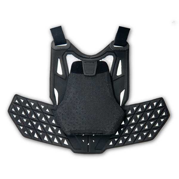 A view of the inside of the black Atlas Charger Pee Wee Chest Protector (SKU: A102101000) with CE inserts. The image shows the integrated, comfortable padding.