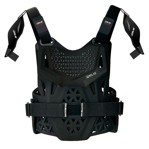 A back view of the black Atlas Charger Pee Wee Chest Protector (SKU: A102101000). The image shows the CE L1 certified back protector and the adjustable straps.