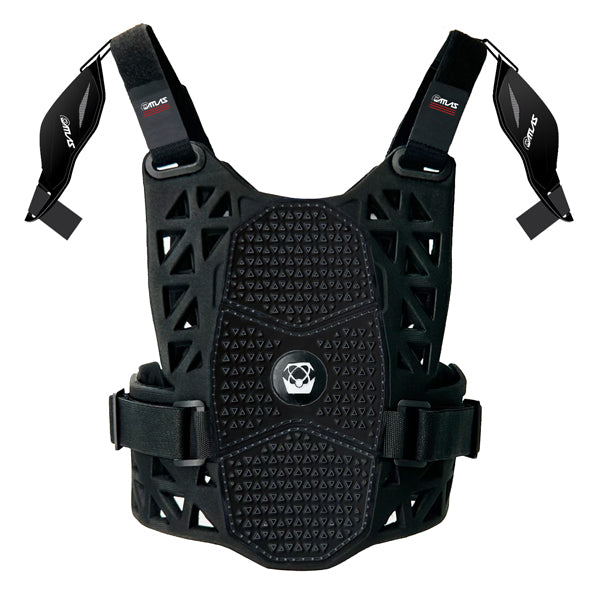 A front view of the black Atlas Charger Pee Wee Chest Protector (SKU: A102101000) with CE L1 certified pads and shoulder pads. This protective gear is designed for young motocross riders.