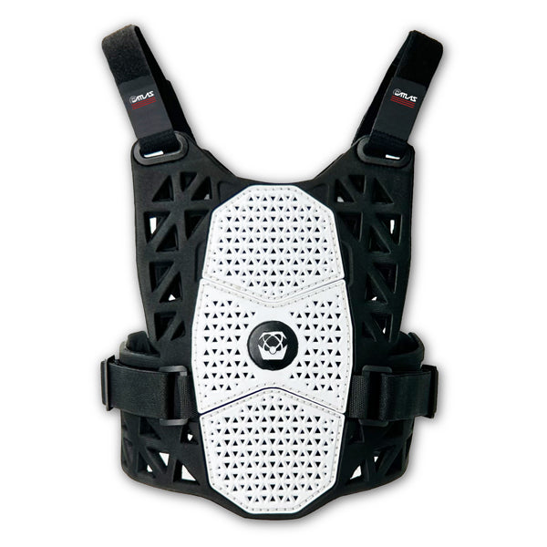 A back view of the white Atlas Charger Pee Wee Chest Protector (SKU: A101000000). The image shows the adjustable straps and the protective back panel.