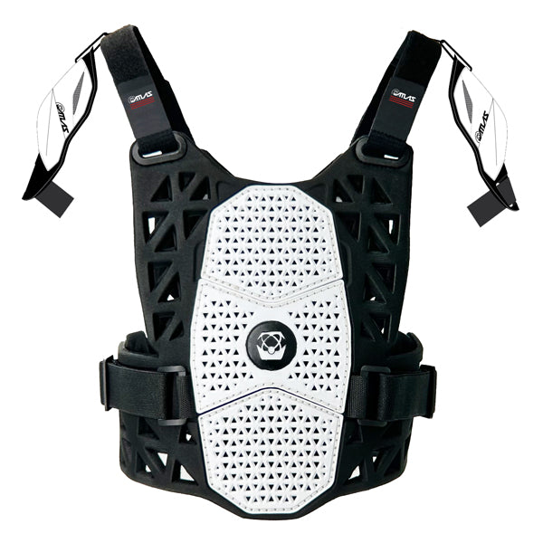 A back view of the white Atlas Charger Pee Wee Chest Protector (SKU: A102100000). The image shows the CE L1 certified back protector and the adjustable straps.