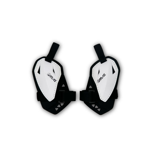 A back view of the white Atlas Charger Pee Wee Chest Protector (SKU: A102000000) with shoulder pads. The image shows the protective back panel and adjustable fit.
