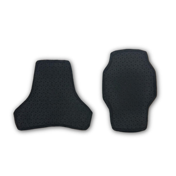 A close-up view of the CE certified pads on the black Atlas Charger Youth Chest Protector (SKU: A103101000), showing the ventilated, impact-absorbing design.