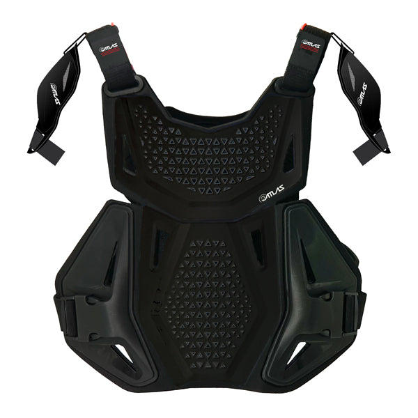 A front view of the black Atlas Charger Youth Chest Protector (SKU: A104101000) with CE L1 certified pads. The image highlights the protective front panels and adjustable straps.