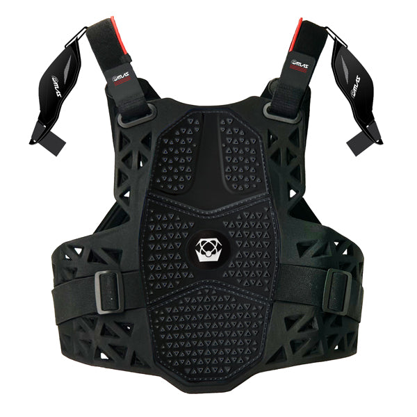 A back view of the black Atlas Charger Youth Chest Protector (SKU: A104001000). The image shows the ventilated back panel and shoulder protection.