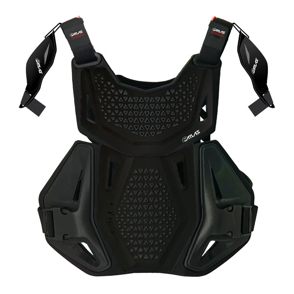 A front view of the black Atlas Charger Youth Chest Protector (SKU: A104001000). The image highlights the protective panels on the chest and shoulders for motocross and off-road riding.