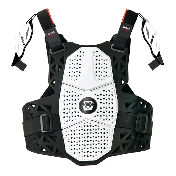 A back view of the white Atlas Charger Youth Chest Protector (SKU: A104100000). The image shows the CE L1 certified back protector and the ventilated design.