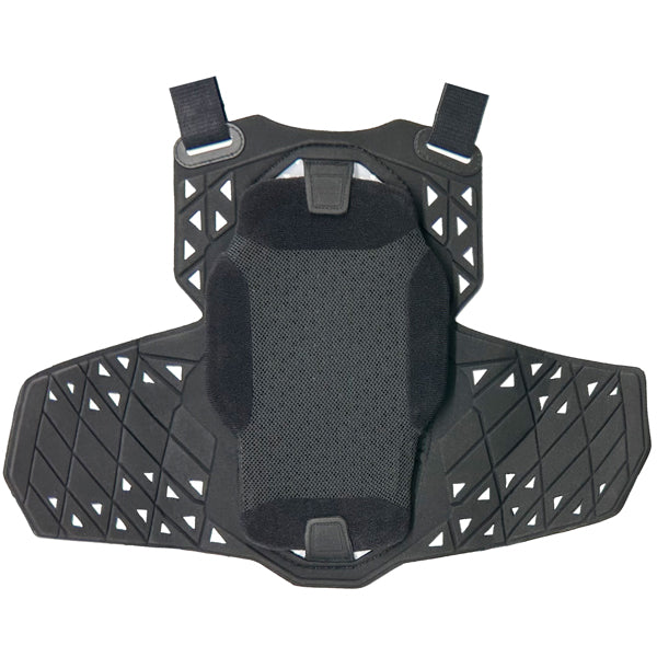 A view of the inside back of the white Atlas Charger Youth Chest Protector (SKU: A104000000). The image shows the internal padding, ventilation channels, and the back plate.