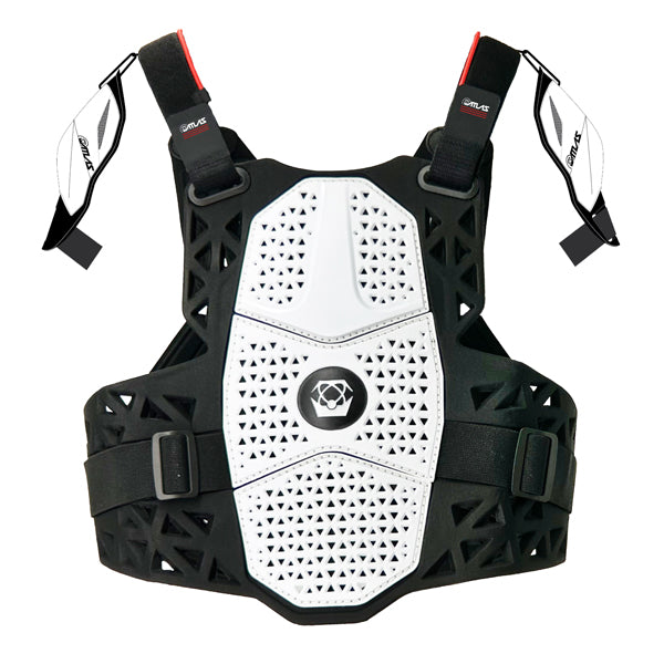 A back view of the white Atlas Charger Youth Chest Protector (SKU: A104000000). The image shows the ventilated back panel and shoulder protection.