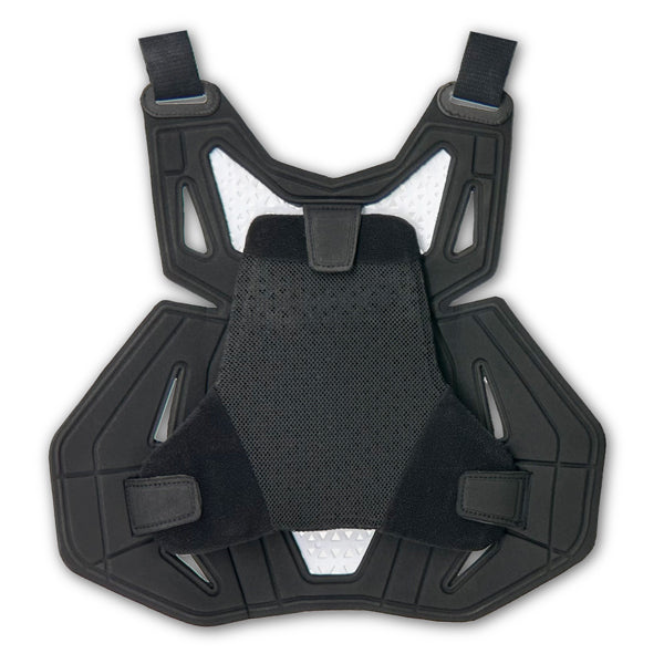A view of the inside front of the white Atlas Charger Youth Chest Protector (SKU: A104000000). The image shows the comfortable, ventilated padding and the inner chest plate.