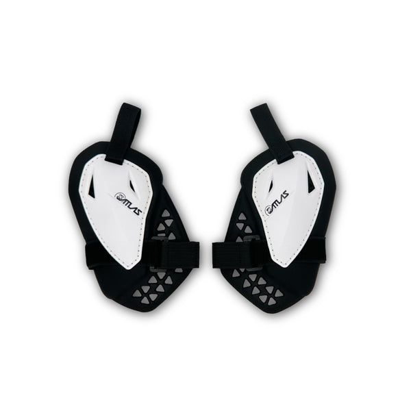 A three-quarter view of the white Atlas Charger Youth Chest Protector (SKU: A104000000) with shoulder pads. The image showcases the protective, full-coverage design for youth motocross.