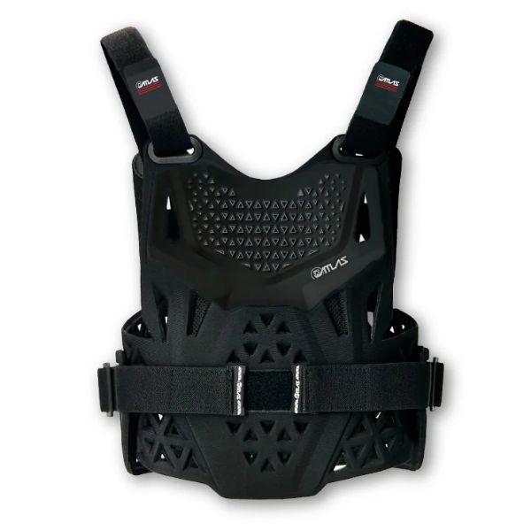 A front view of the black Atlas Charger Pee Wee Chest Protector (SKU: A101000000). The image highlights the protective front panel and lightweight design for young riders.