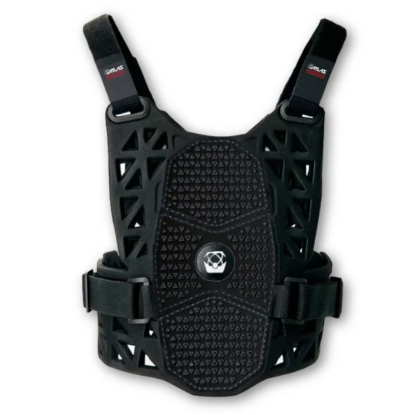 A back view of the black Atlas Charger Pee Wee Chest Protector (SKU: A101000000). The image shows the adjustable straps and the protective back panel.