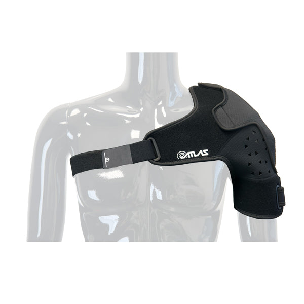 A side view of the black Atlas Shoulder Brace (SKU: A205001010) on a mannequin. The image shows how the brace conforms to the body and provides a snug fit.