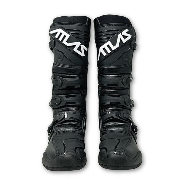 A front-facing view of a pair of black Atlas Traction Boots (SKU: A50000107). This image provides a clear look at the hollow molded shin plates and the overall design of the front of the boot.