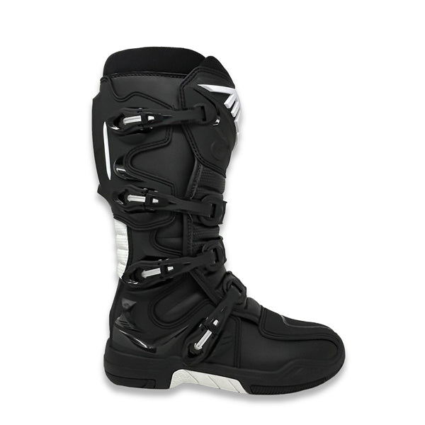 A side view of a single black Atlas Traction Boot (SKU: A50000107). This image shows the durable microfiber leather construction, the four-buckle closure, and the bonded dual compound outsole with a steel shank and internal flex supports.