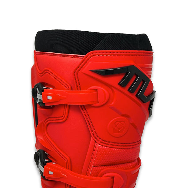 A close-up shot of the top portion of a red Atlas Traction Boot (SKU: A50000207). The focus is on the secure buckle closure system and the cushioned tongue.
