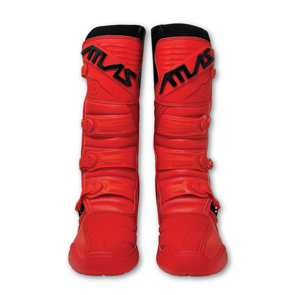 A front view of a pair of red Atlas Traction Boots (SKU: A50000207) on a white background. The image highlights the hollow molded shin plates and the overall front design of the boots