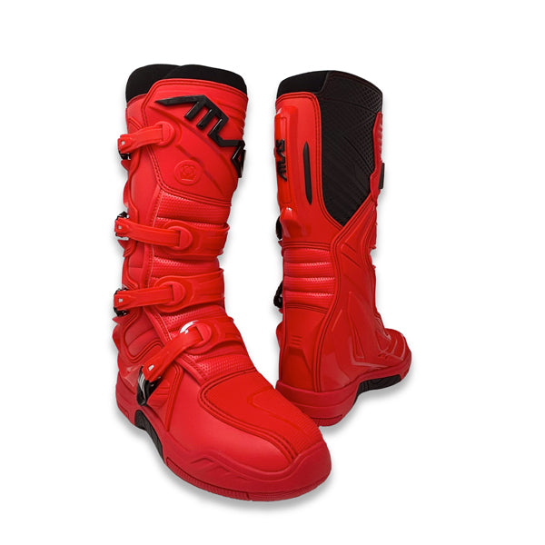 A three-quarter view of a pair of red Atlas Traction Boots (SKU: A50000207) standing on a white background. This image provides a clear view of both boots, showing their design, buckles, and soles.