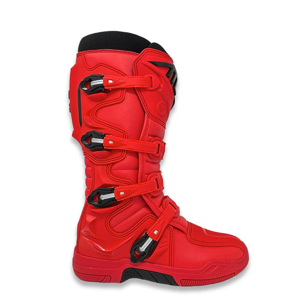 A side view of a single red Atlas Traction Boot (SKU: A50000207). The image shows the boot's profile, including the four adjustable buckles and the durable microfiber leather construction.