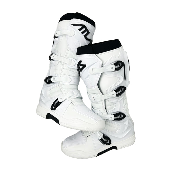 A pair of white Atlas Traction Boots (SKU: A50000007) are shown crossing each other. The image displays the boots' durable construction and buckle system.