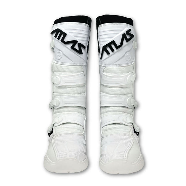 A front view of a pair of white Atlas Traction Boots (SKU: A50000007), showcasing the hollow molded shin plates and the overall front design.