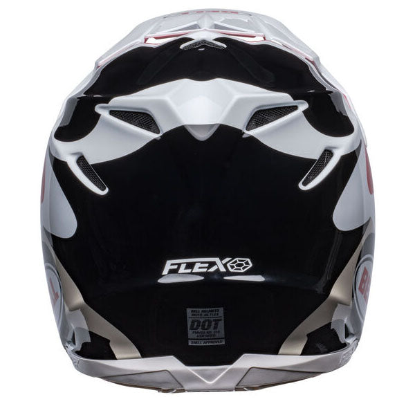 motorcycle helmet, rear view, showing aerodynamic shell design, ventilation ports, and secure retention system built for rider comfort and protection