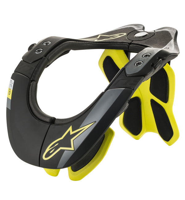 Studio product photo of Alpinestars BNS Tech-2 Neck Support — Black/Yellow, L/XL, SKU 482-6006 on a white background, suitable for motocross and powersports use.