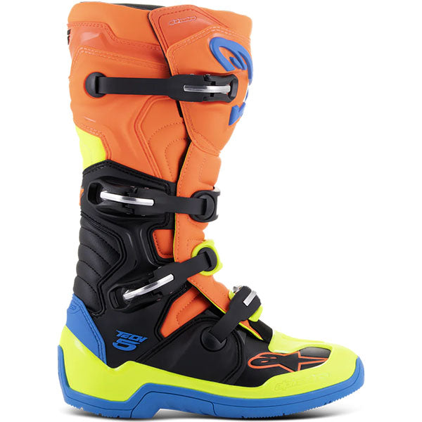 Alpinestars Tech 5 motocross boots in orange, black, yellow, and blue with reinforced shin plate, four-buckle closure system, and durable high-grip sole. Designed for motocross and dirt bike riders, these Alpinestars boots deliver premium off-road protection, comfort, and performance for racing and trail riding.
